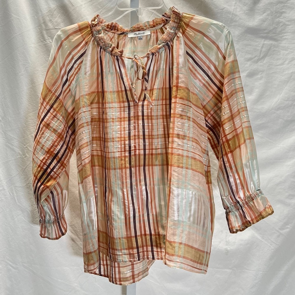 Madewell Womens S Top Plaid Tie-Neck Ruffle 3/4 sleeve multi color Orange, lgtWt